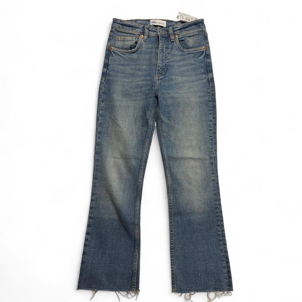 Zara Downtown Girl Medium Wash Frayed Raw Hem Bootcut Flare Jeans